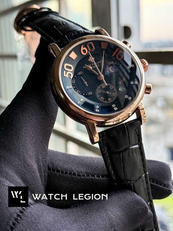 PATEK TRI DIGIT ROSE GOLD CASE BLACK DIAL BLACK BELT