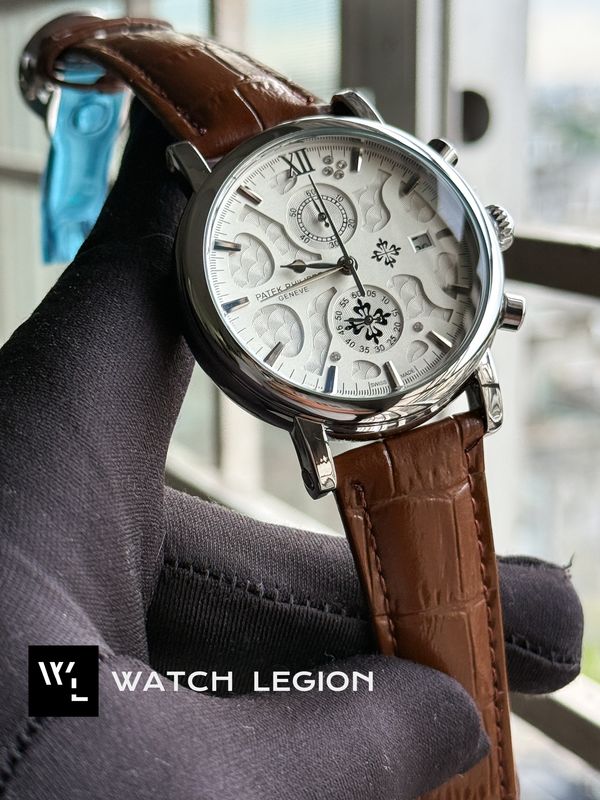 PATEK TWO CHRONO SILVER CASE BROWN BELT WHITE DIAL