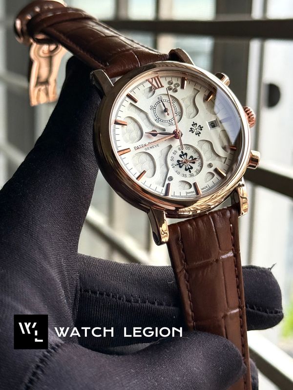 PATEK TWO CHRONO ROSE GOLD CASE BROWN BELT WHITE DIAL