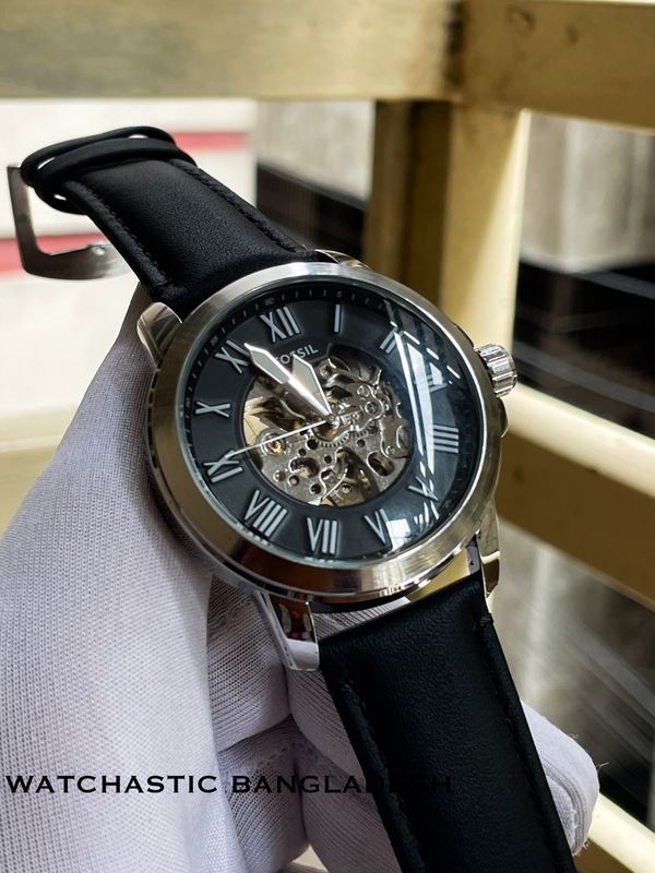 Fossil Auto Black Belt Silver Case Black Dial