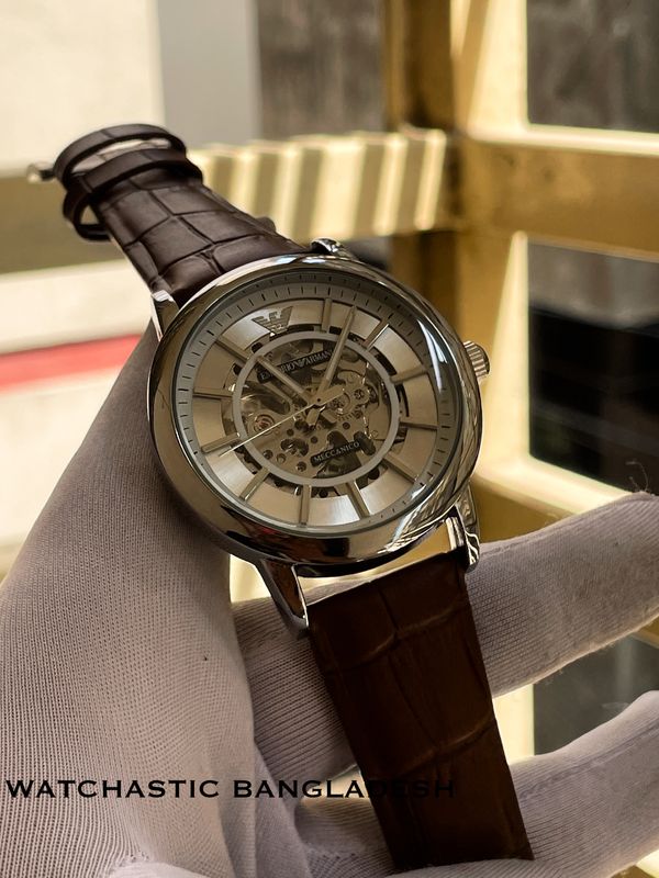 ArmanI Auto Belt Silver Brown White Dial
