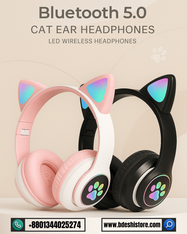 STN 28 Cat Ear LED Wireless Bluetooth Headphones - Glowing HiFi Stereo Headset with Mic, TF Card & AUX for Android iOS Girls