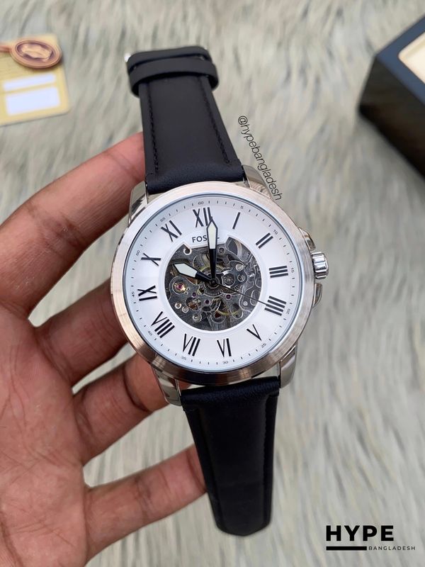 Fossil Automatic black leather white dial