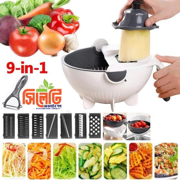 Multifunction 9 In 1 Vegetable Cutter with Drain Basket Magic Rotate Portable Slicer Chopper Grater Kitchen Tool
