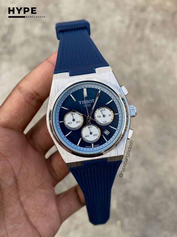 Tissot PRX chronograph blue silicone strap & blue dial