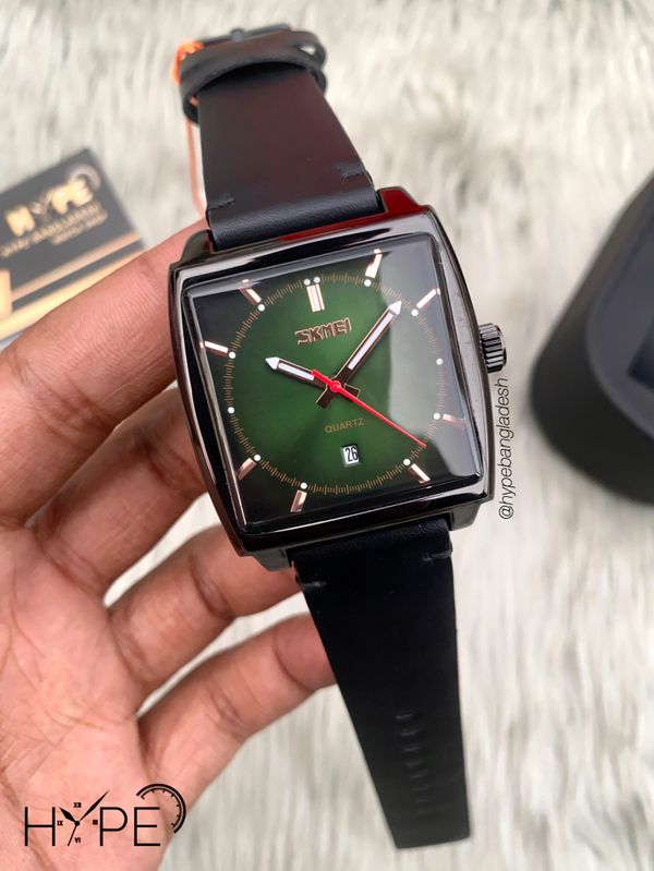 Skmei square dial leather belt (green)