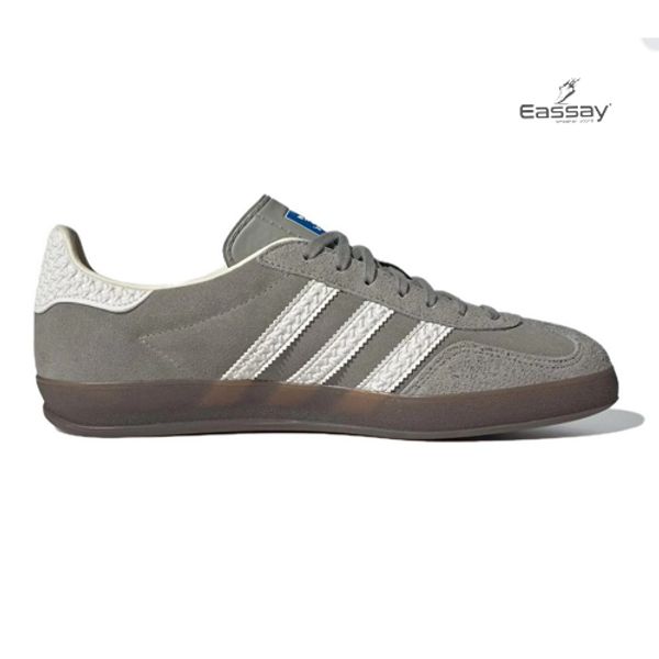 Adidas Gazelle Indoor in a Grey / Off-White / Gum colorway