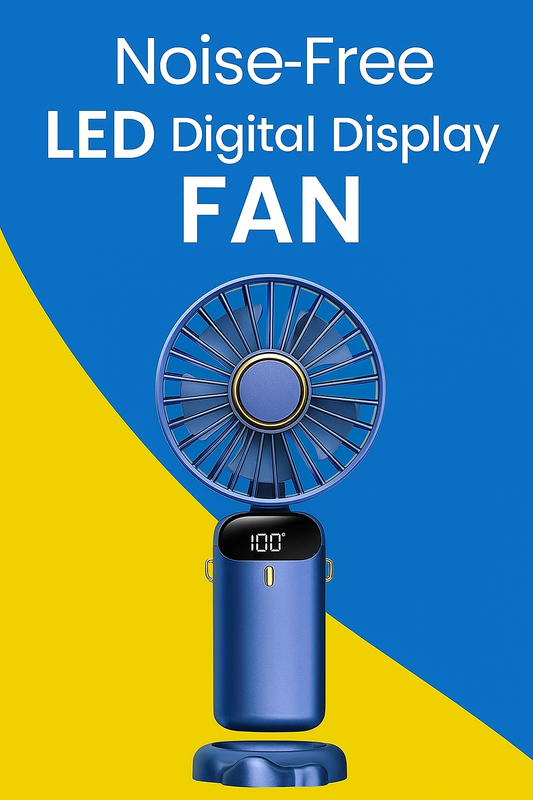 Portable Rechargeable Mini Fan with LED Digital Display – 3 Speed Modes, USB Powered, Phone Stand Feature