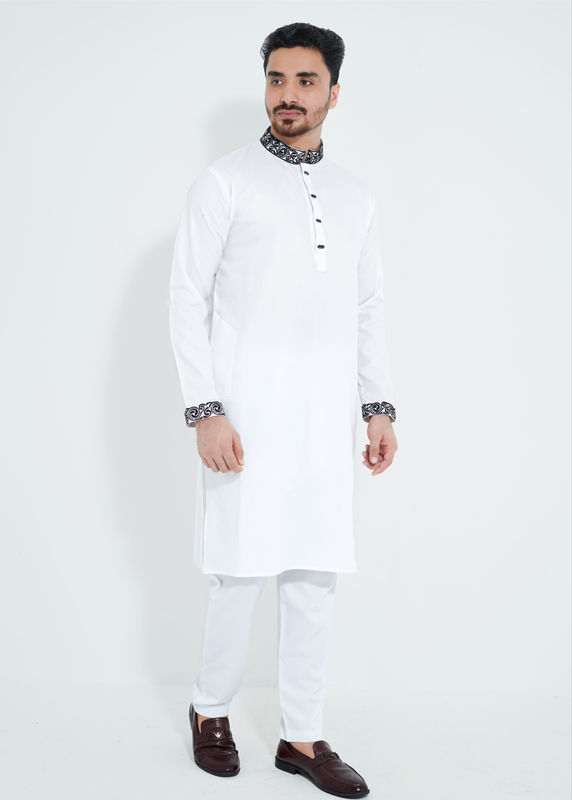 FlexTone Premium Quality Embroidery Panjabi/ Color>White