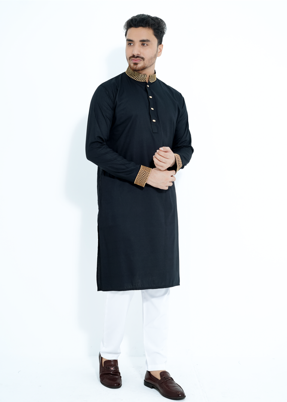 FlexTone Premium Quality Embroidery Panjabi/ Color>Black