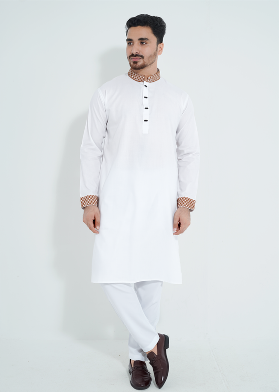 FlexTone Premium Quality Embroidery Panjabi/ Color>White