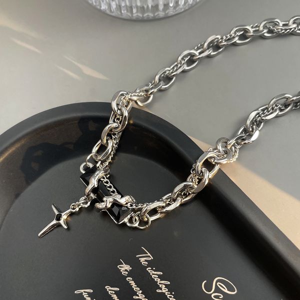 Black Gemstone Titanium Steel Necklace - Image 4