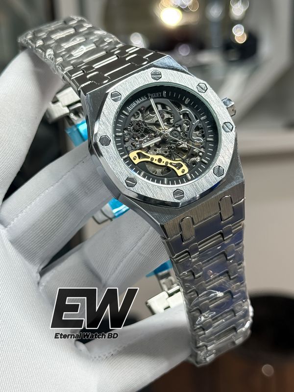 AP AUTOMATIC BLACK DIAL SILVER CHAIN