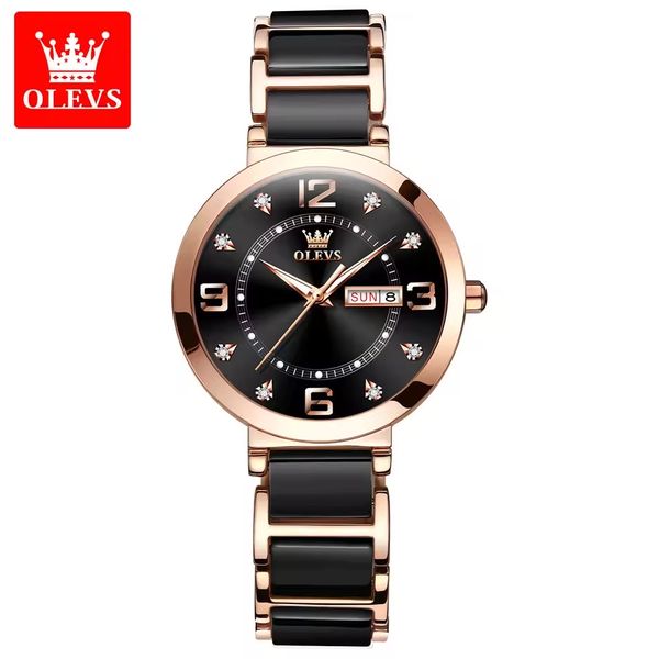 OLEVS 5005L Ladies Chain Watch- Black Dial- Rose Golden Bezel- Black+Rose Golden Chain- TF Code OL946CF