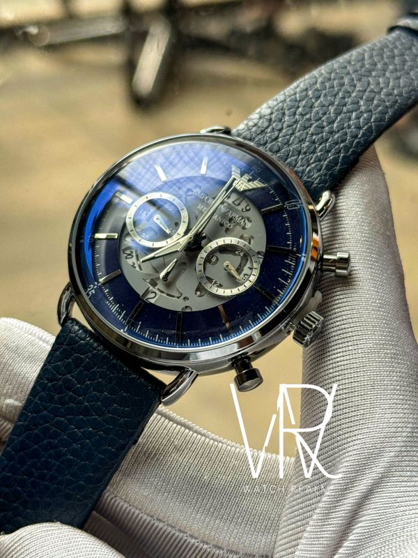ARMANI OVAL BLUE BELT SILVER CASE BLACK DIAL