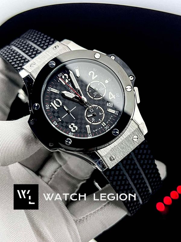 HUBLOT BB SILVER CASE BLK BEZEL BLK BELT