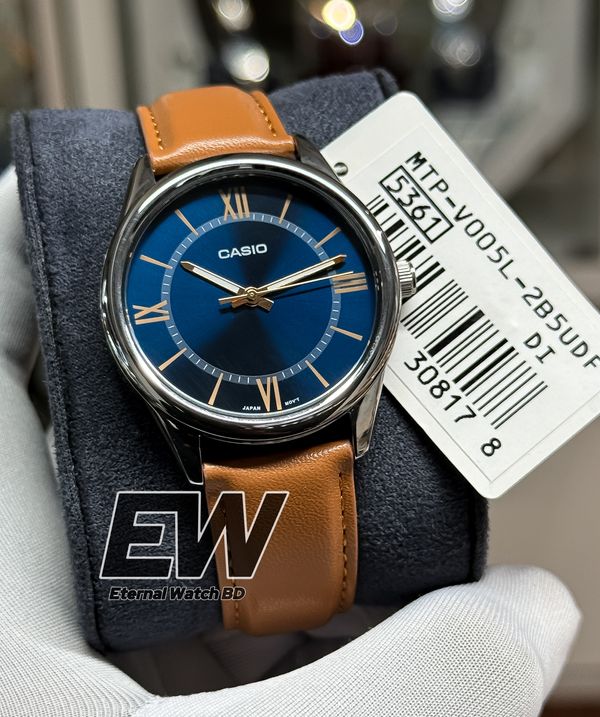 CASIO MTP-V005L-2B5  LEATHER BELT BLUE DIAL RG DIGIT