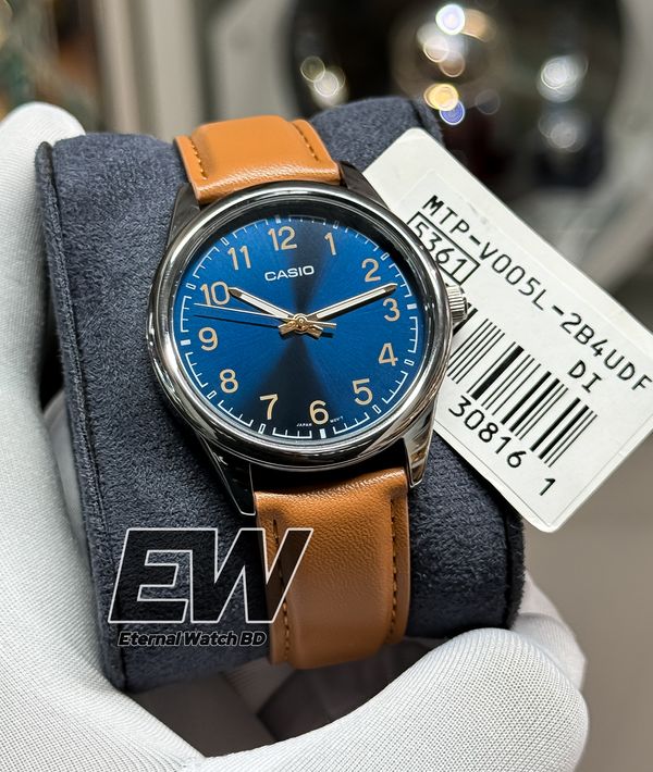 CASIO MTP-V005L-2B4 LEATHER BELT BLUE DIAL RG NUMBER DIGIT