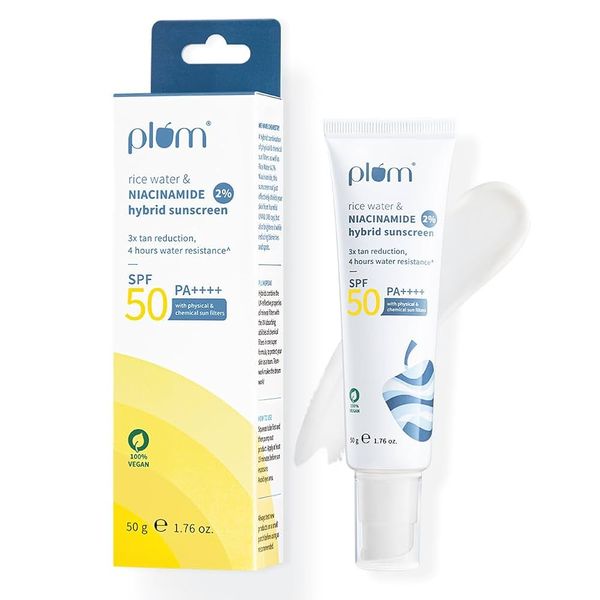 Plum 2% Niacinamide Sunscreen SPF 50 PA++++ With Rice Water | 4-hr Water Resistant | 3x Tan Reduction & Brightens | No White Cast, Lightweight, Non-Sticky | Dermatologically Tested | All Skin Types | Women & Men | 100% Vegan | 50g