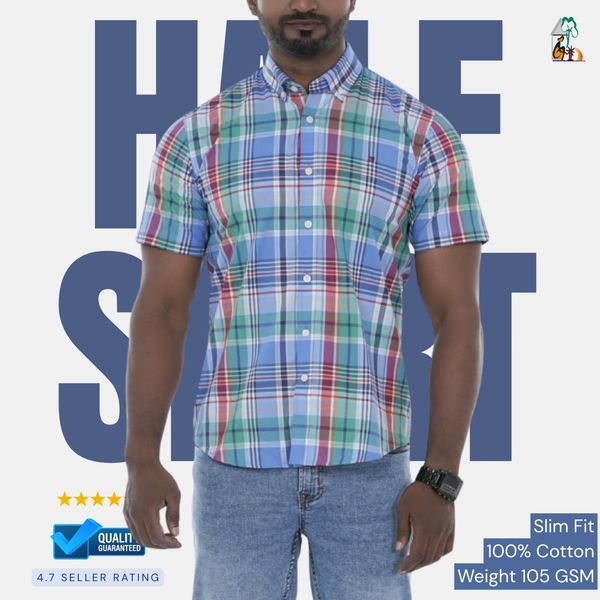 Men’s Slim Fit Half Sleeve Cotton Shirt – Lightweight 105 GSM, Checked Pattern