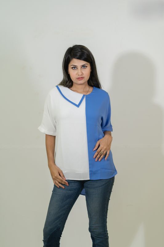 Trendy Blue & White Color-Block Top