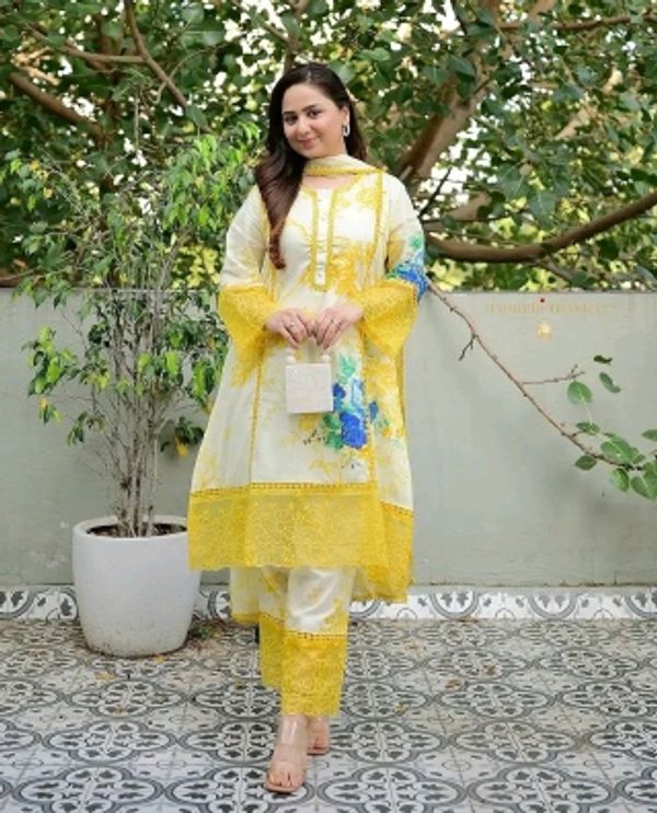 pure cotton with screen print and embroidery les work readymade 3 pics gown