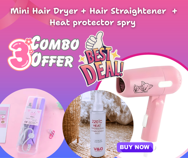 3-in-1 Beauty Combo Offer – Mini Hair Dryer + Hair Straightener + Heat Protection Spray