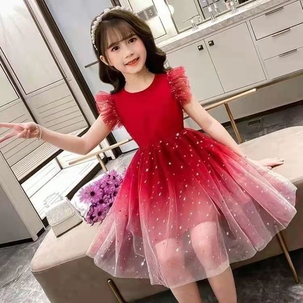 Imported 🌌 Starry Sky Gradient Princess Dress – Girls' Summer Short Sleeve Veil