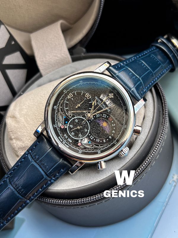 Patek Blue Belt Silver Case Black Dial Semi AAA Grade