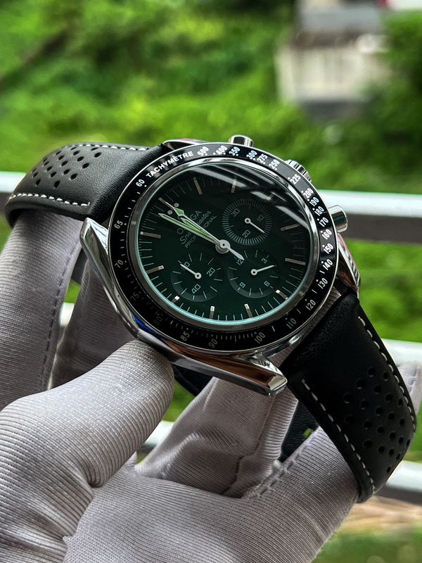 Omega Speedmaster Green Dial Black Leather Belt Semi AAA Grade Quality