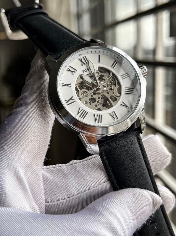Fossil Automatic Black Belt White Dial Silver Case