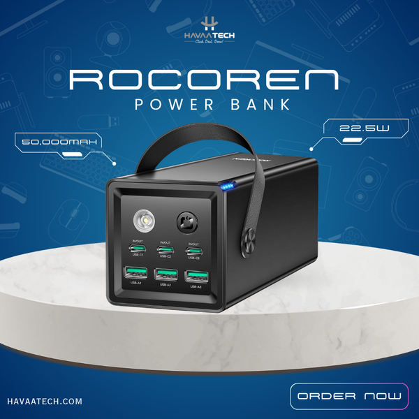 Rocoren 50,000mAh 22.5W Power Bank With Fast Charging 6 Ports USB + Type-C Powerbank With Flashlight