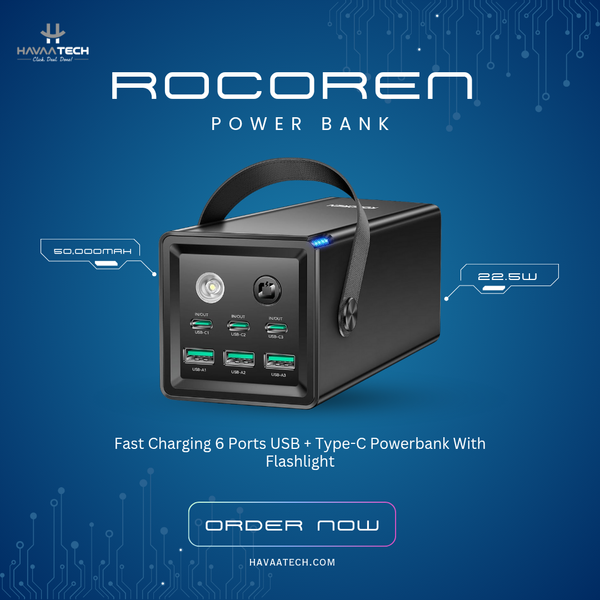 Rocoren 50,000mAh 22.5W Power Bank With Fast Charging 6 Ports USB + Type-C Powerbank With Flashlight