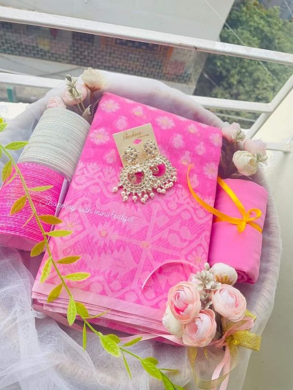 Customizable Pearl-Embellished Earring Set with Matching Pink Sari Accessories