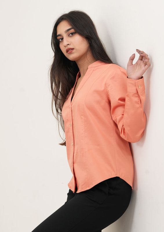 Peach Mandarin Collar Button-Down Shirt