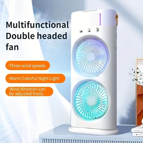 Rechargeable Dual Head Mist Cooling Fan with Remote – 3 Speeds, LED Light & 280ml Water Tank