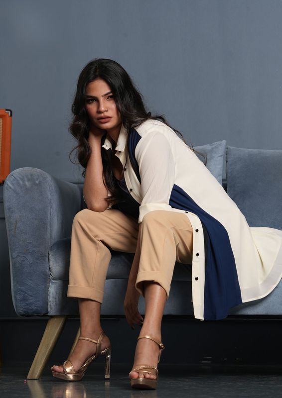 Elegant Navy Satin Top with Beige Pants and Contrast Shirt | Chic Formal Look