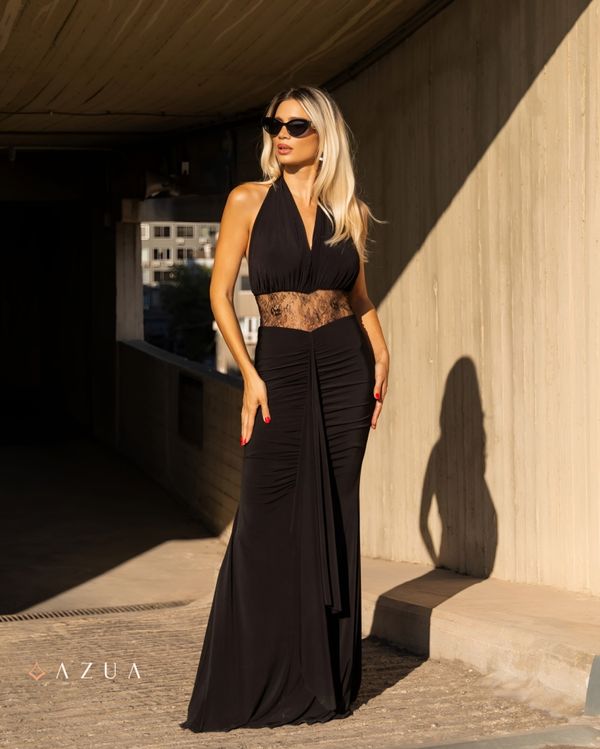 Black Plunge Neck Lace Maxi Dress