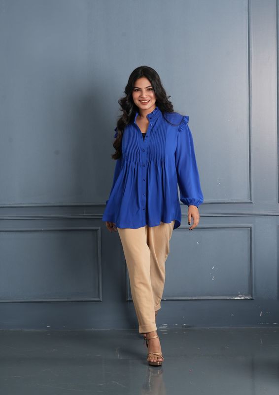 Royal Blue Pleated Ruffle Top chic and versatile look.