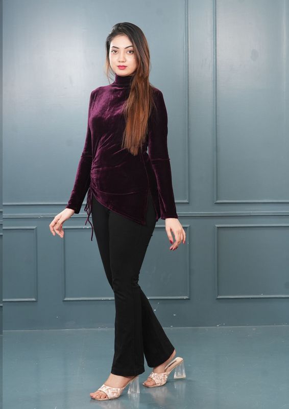 Velvet Wine High Neck Ruched Top