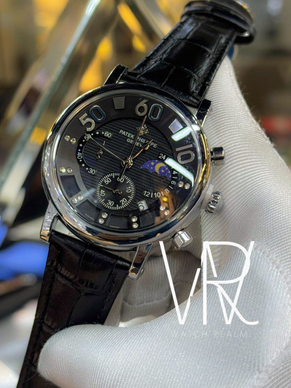 PATEK CHRONO MOONPHASE BLACK BELT SILVER CASE