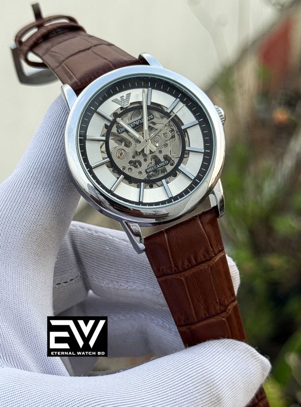 ARMANI AUTOMATIC BROWN BELT SILVER CASE BLACK RING DIGIT WHITE DIAL