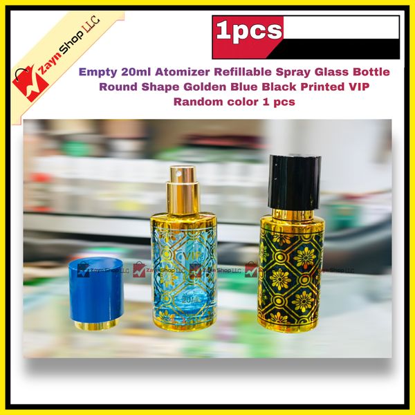 Empty 20ml Perfume Atomizer Refillable Spray Glass Bottle Round Shape Golden Blue Black Printed VIP Random color 1 pcs
