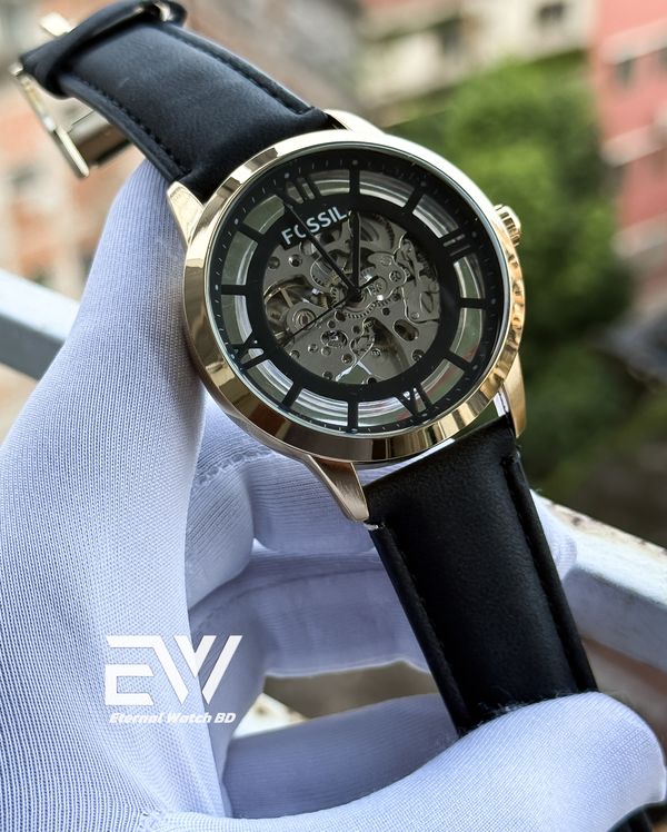 FOSSIL AUTOMATIC BLACK BELT GOLD CASE BLACK DIAL