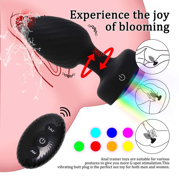 360° Rotation Vibrating Anal Plug Remote Control Vibrating Butt Plug with 7 Colors LED Prostate Massager Adult Anus Sex Toys
