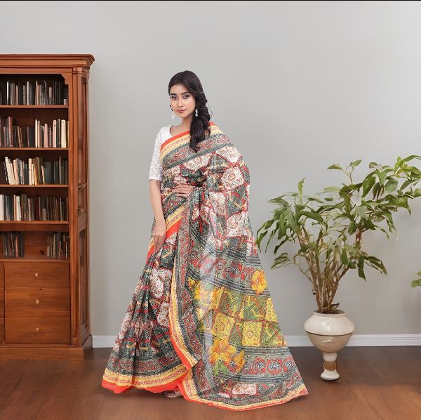 Digital Printed Saree | Multicolor All-Over Printed Body with Bright Orange Shape & Motif Printed Aanchal & Border