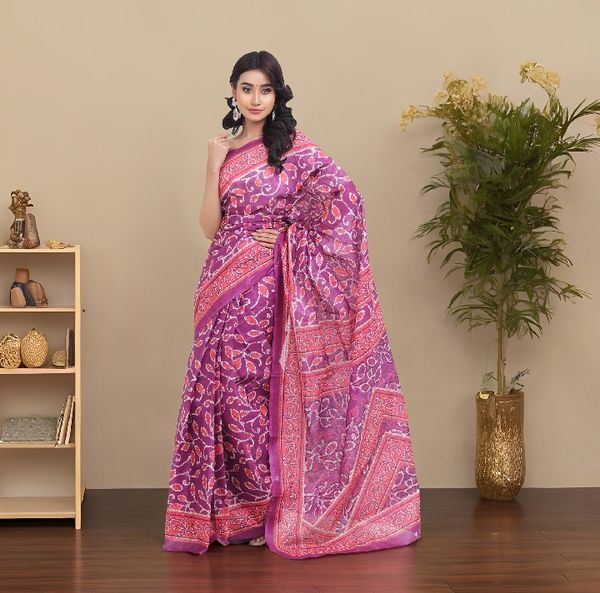 Sophisticated Violet Digital Printed Saree | All-Over Print with Contrasting Aanchal & Border