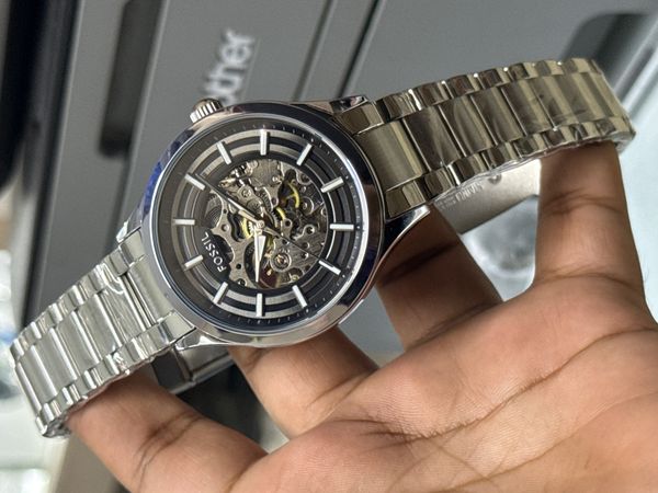 FOSSIL AUTO CHAIN FULL SILVER BLACK DIAL