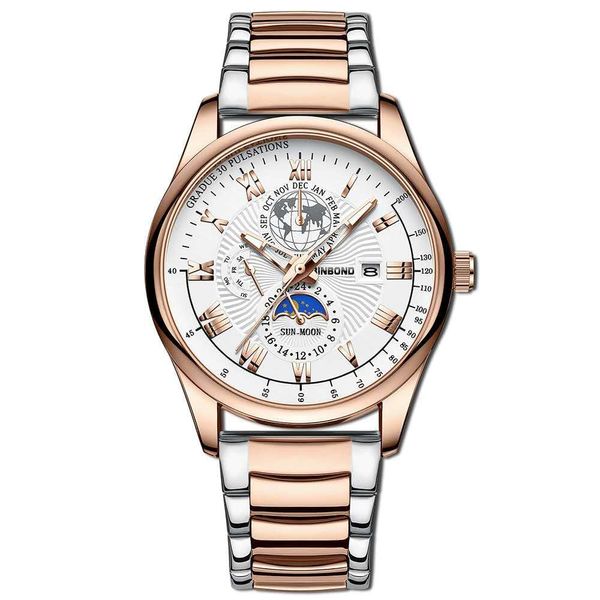 BINBOND B3982 New Style Silver Men Quartz Watch Authentic Stainless Steel Band Water Proof Date Display Dials Decoration Watch