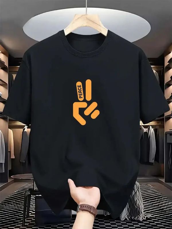Men’s Peace Logo Graphic T-Shirt – Soft Cotton, Orange Geometric Print, Summer Casual Tee